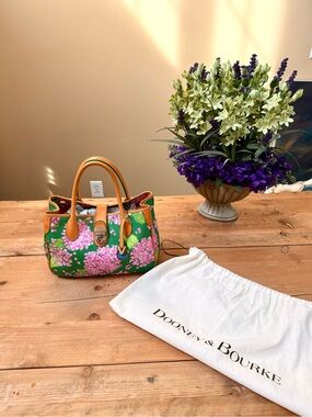 Dooney & Bourke Hydrangea Floral Print Leather Satchel with Tan Trim